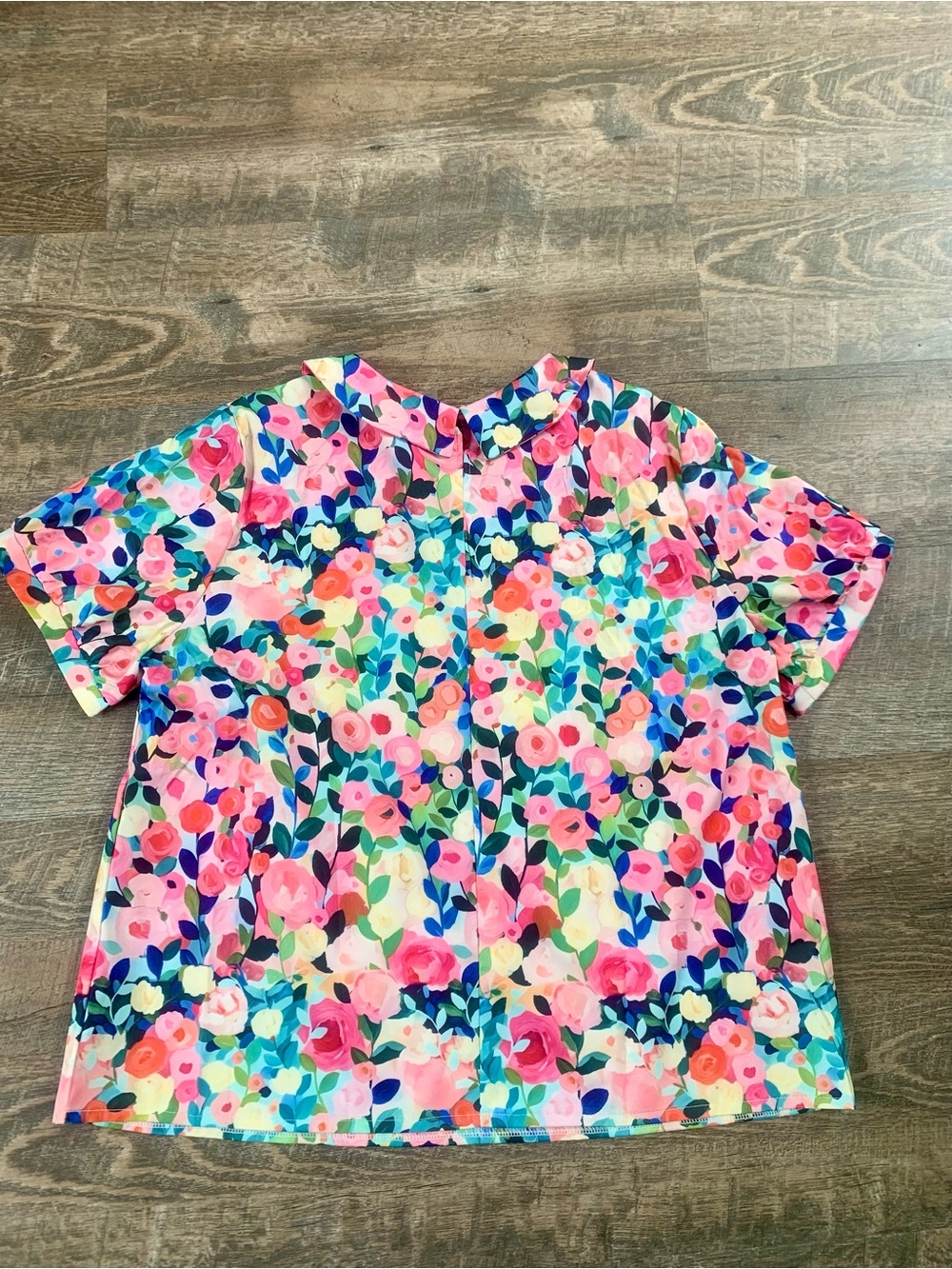 Floral Maximalism Business Casual Short-Sleeve Top in Pink Multi - Picture 6 of 7